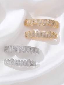 [Sparkling Punk Tooth Caps For Cosplay] Glittering Hip Hop CZ Teeth Grills - 2pcs Set For Top & Bottom, Sparkling Punk Tooth Caps, Perfect For Cosplay & Rapper Style, Instant Smile Makeover - Multicolor - View 10