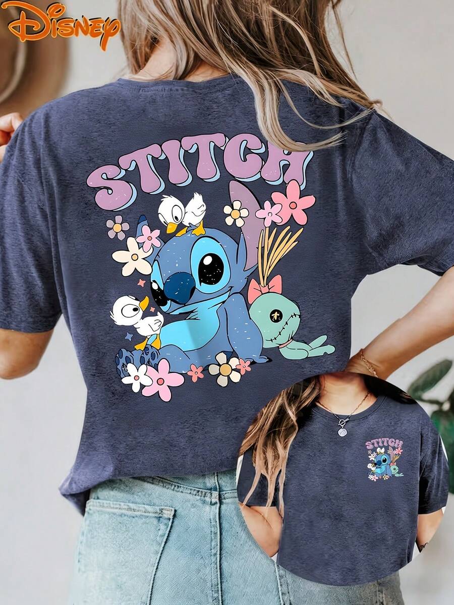 Disney License T Shirts,Disney Lilo & Stitch Graphic T-Shirt For Women, Casual Loose Fit Floral Duck Scrump Print Short Sleeve Tee, Cute Disney Movie Character Top, Family Matching Mommy & Me Outfit,  Vacation Daily Wear Summer Fashion Top ,Camiseta, Summer Outfits For Women, Summer Clothes, Summer Tops, Tops For Women, Festival Outfits, Summer Tops For Women, Mother's Day, Mother's Day Clothing, Gifts For Family And Friends, Spring Outfits For Women, Officially Licensed Disney T-Shirts, Disney Men's And Women's Spring/Summer Fashion Casual Short-Sleeve T-Shirts - Màu xanh lam - Xem 1