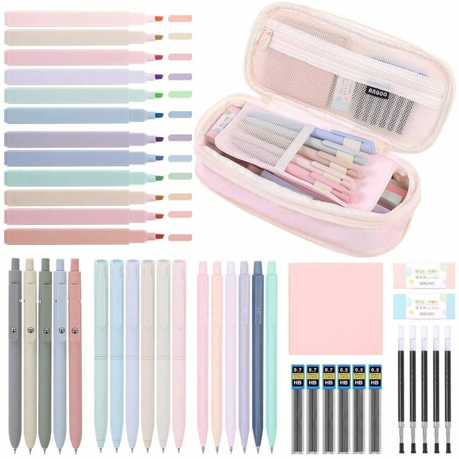 44 piezas Juego de papelería, estuche de lápices de gran capacidad, incluye resaltadores pastel lindos, bolígrafos, lápices mecánicos y un set de cuadernos bíblicos; suministros de papelería para niñas, rosa - A - Ver 1
