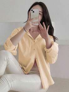 Women's Loose Casual Versatile Solid Color Blouse,Fall Clothes Long Sleeve Top - Amarillo - Ver 6
