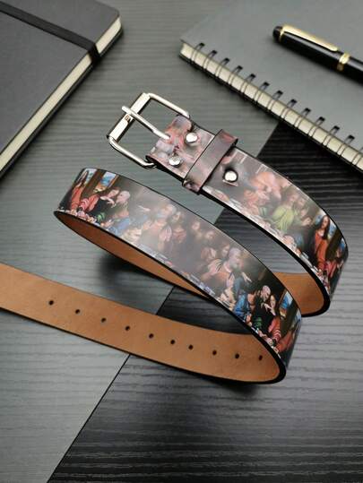 1pc Automatic Buckle Leather Belt, Men's White Shiny Star Print, Versatile Business Casual Youth Decorative Belt, 120cm Length