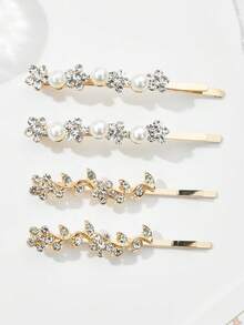 1pc Alloy Crystal Rhinestone Gold Leaf Hair Clip, Elegant Bangs Hairpin, Delicate Pearl Flower Side Clip, Lovely Hair Accessory For Women - Black - View 2