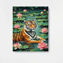 [Uso artístico profesional] Kit de pintura por números de 1 pieza, Tigre naranja y en medio de un estanque de flores de loto, Kit de pintura por números DIY para adultos - Fácil para principiantes, Mega para festividades: Ideas de regalo y decoración del hogar para el Día de San Patricio, Pascua - Enmarcado - Ver 1