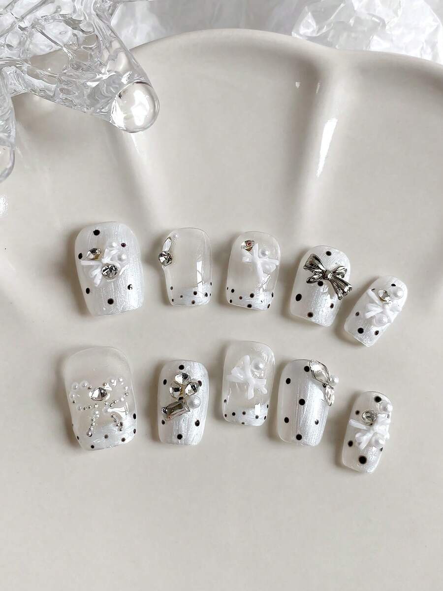 Móng tay họa tiết chấm bi Pháp, mắt mèo, nơ 3D, ngọt ngào, cá tính, sang trọng nhẹ nhàng, có thể tháo rời. - Nhiều màu - Xem 1