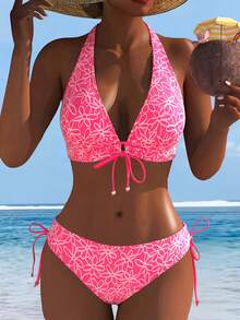 黑白花卉图案可调节比基尼两件套高腰泳衣，女士沙滩度假泳装套装 - 粉色 - 查看 1