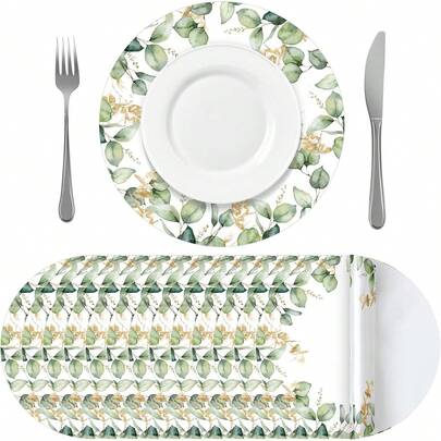 18/36 piezas Manteles individuales redondos de papel con hojas de eucalipto, manteles individuales redondos desechables de color gris-verde para mesa de comedor, cocina, boda campestre, fiesta de cumpleaños