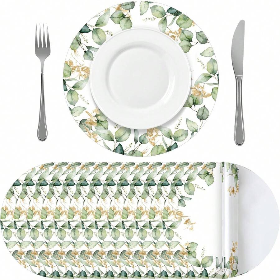 18/36 piezas Manteles individuales redondos de papel con hojas de eucalipto, manteles individuales redondos desechables de color gris-verde para mesa de comedor, cocina, boda campestre, fiesta de cumpleaños - Ver 1