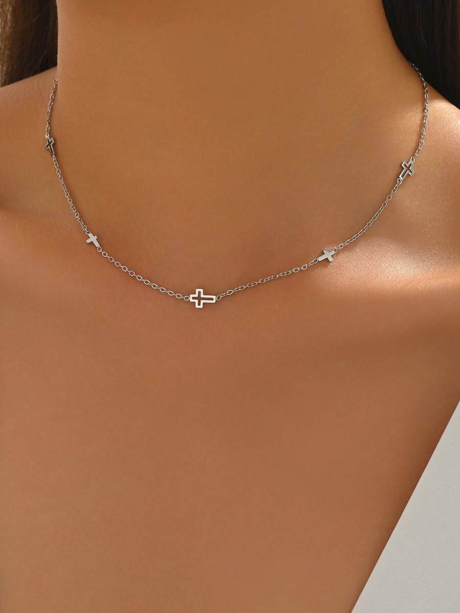 LIEBEIRIS 1pc 18K Gold Plated Minimalist Cross Stainless Steel Necklace, Suitable For Women's Daily Wear And Gift - Silver - View 1