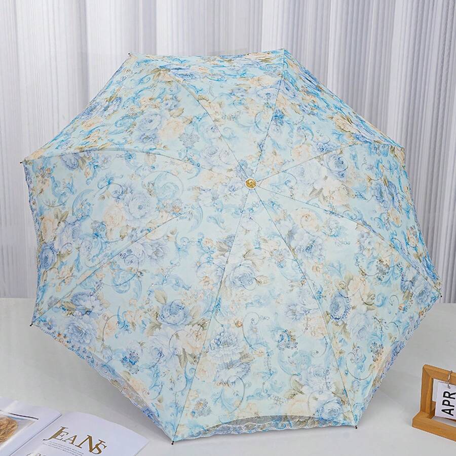 1 Pcs Embroidered Double-Layer Sparkle Sun Umbrella Black Glue Rain/Sun Multi-Use Three-Fold Goddess Umbrella Shade Umbrella - 861 Thêu hai lớp màu hồng - Xem 1