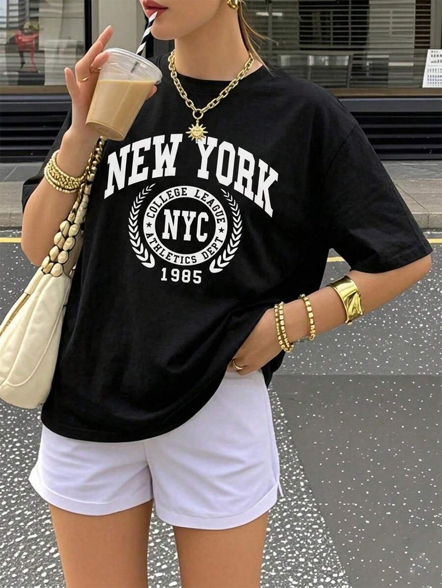 女款寬鬆版型 NEW YORK NYC 圖案 T-shirt，經典校園風印花，Y2K 休閒街頭風，夏季日常上衣