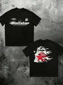 1 Pcs (220 Cotton T-Shirt Double-Sided Printing) 1pc  Flame & Star Graphic T-Shirt, Y2K, Streetwear, Digital Print T - Shirt Casual Comfort Cotton Tee For Spring & Summer Fall Men's Clothing, Halloween Gift,Unisex - 白色 - 查看 6