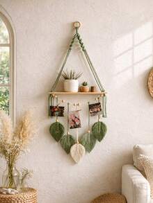 1pc Handmade Woven Wall Hanging Shelf, Bohemian Style Woven Leaf Decor, Wooden Floating Shelf, Suitable For Bathroom, Bedroom, Living Room Or Room Decor, No Clips Included, Home Decor, Room Decor, Wall Decor Gift, Birthday Graduation Gift - Green - View 3