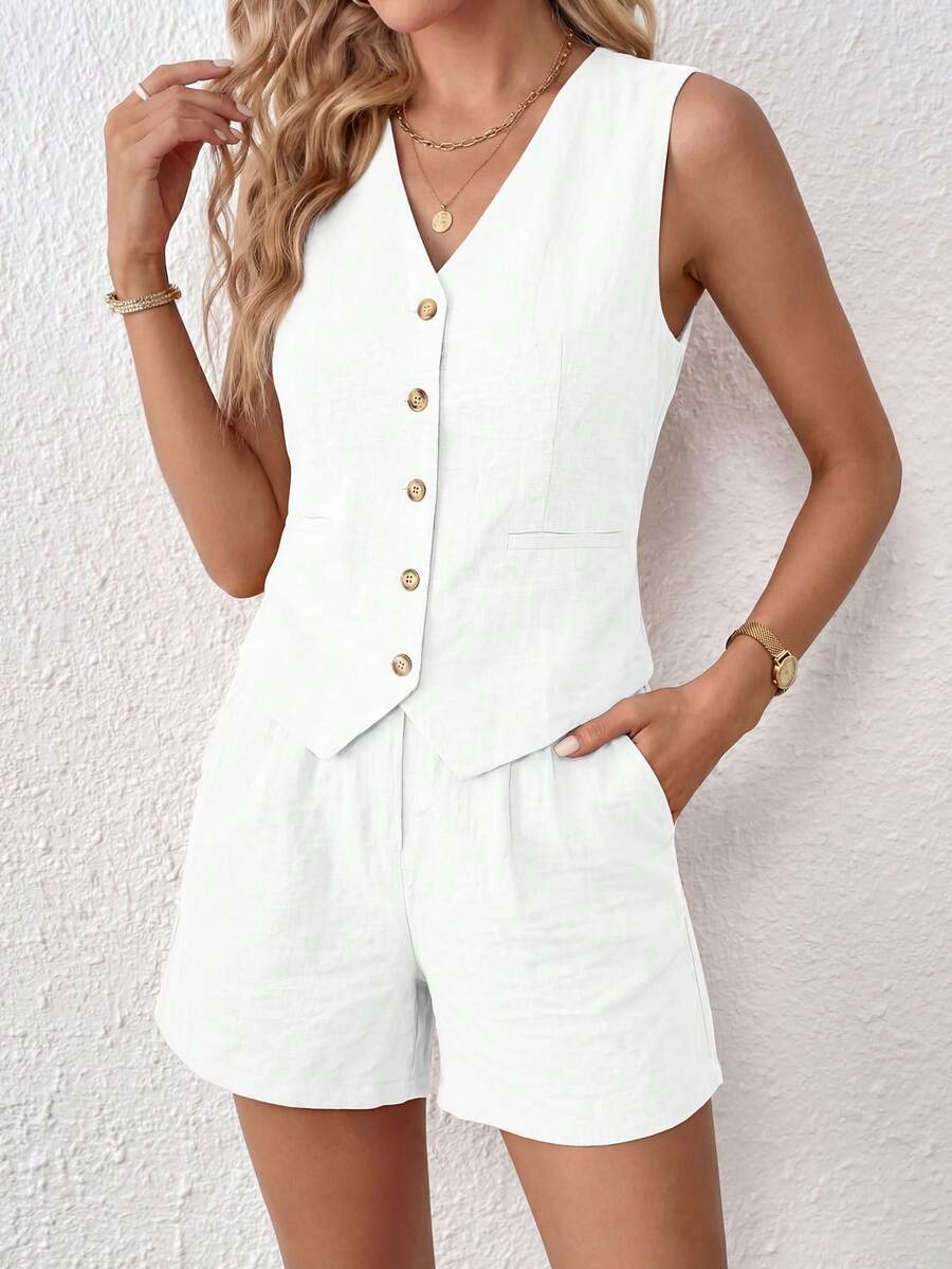 PRETTYGARDEN Women's Summer Clothes Tanktop 2 Piece Sets Outfits Sleeveless Matching Button Down V Neck Vest Waistcoat And Pockets Going Out Short Sets Vacation - 白色 - 查看 1