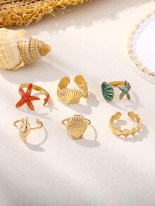6pcs Summer Beach Vacation Colorful Starfish & Shell Open Ring Set, Suitable For Women Daily Wear - Ocean Ring - View 3