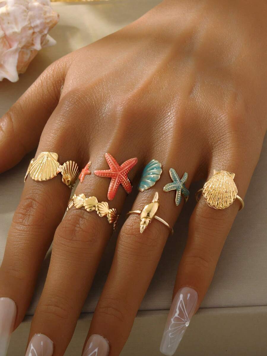 6pcs Summer Beach Vacation Colorful Starfish & Shell Open Ring Set, Suitable For Women Daily Wear - Ocean Ring - View 1