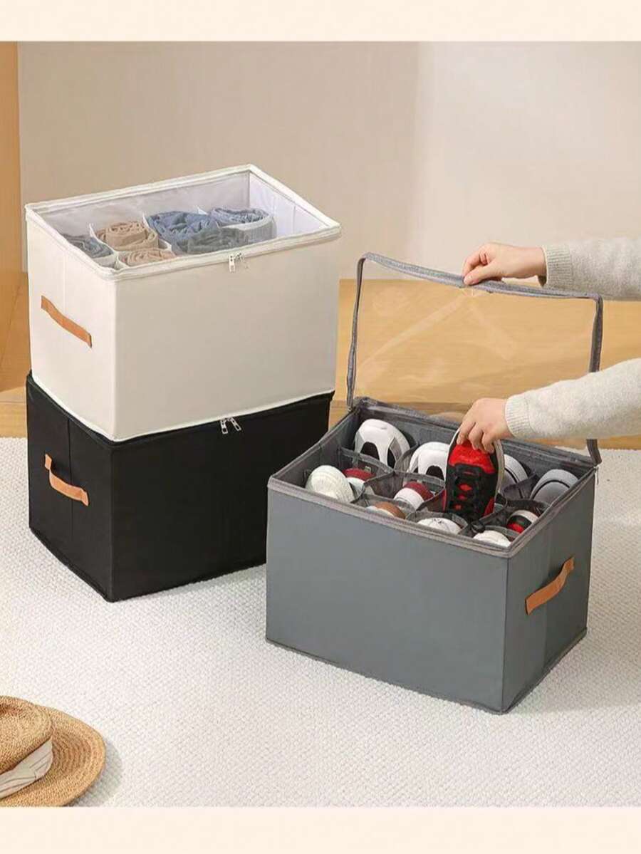 1pc Foldable PVC Transparent Shoe Box With Lid, Available In Gray, Beige And Black, Multifunctional Storage Box For Shoes, Clothes And Miscellaneous Items