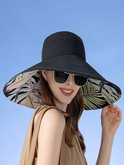 1pc European And American Reversible Women Bucket Hat, Large Brim Sun Protection Hat For Summer