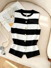 Women's Sleeveless Striped Knit Top Casual Round Neck Blouse Crop Style Vest Tank, High Stretch Fabric for Summer Outfits - Blanco y Negro - Ver 8