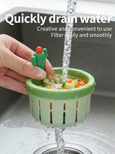节省空间的仙人掌造型厨房水槽滤网 - 按压式弹出篮，带垃圾过滤器的食物垃圾分离器，易于清洁，耐用塑料材质，绿黄相间
