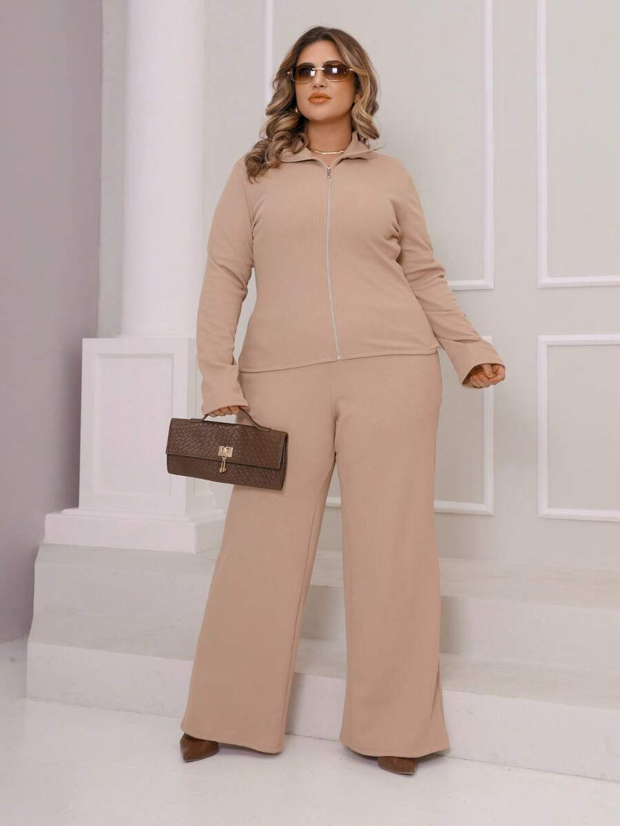 Women's Plus Size Winter Set, Plain, Consisting Of Wide-Leg Pants And A Zippered Top In Ribbed, Fleece-Lined Knit Fabric. - 米色 - 查看 1