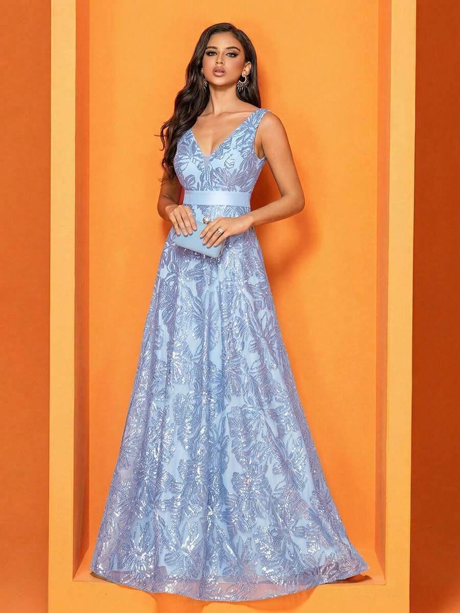 BluePlum Plus Size Women's High-Quality Sequin Embroidery Patchwork V-Neck A-Line Elegant Cocktail Party Gown, Suitable For Wedding, Anniversary, Family Formal Celebration, Bridal Shower, Birthday Party, Luxury Dignified Mother Of The Bride Dress (Heavy Decoration)