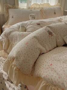 4pcs Lace Bedding Set, Soft & Comfortable Bedroom Linens, Floral Cartoon Pattern Design, Breathable Soft All-Season Bedding Set Including 1 Duvet Cover, 1 Bed Sheet, 2 Pillowcases, No Filling, Suitable For Bedroom, Dorm, Home Use, Multiple Sizes Available - Baby Pink - View 6