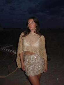 Áo khoác ngoài dệt kim nhẹ màu nâu lấp lánh thời trang mùa hè mới dành cho nữ, thiết kế vạt áo bất đối xứng, kiểu áo chui đầu, phong cách Bohemian, thích hợp cho kỳ nghỉ biển, du lịch, hẹn hò, mặc hàng ngày, tiệc bãi biển và các buổi tụ tập bên hồ bơi. Mùa xuân - màu nâu - Xem 4