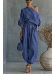 2026 New Spring Summer Cotton Linen Loose Fit Wide Leg Tops And Lantern Pants Set For Women Casual Outfits Fashion European American Style - Xanh đậm - Xem 8