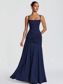 Elegant Lady Pure Desire Style Fashion Charm Banquet Party 2026 Women's Dress Temperament Solid Color Low Cut Long Skirt Folded Strap Waist Bareback Dress - màu xanh hải quân - Xem 1