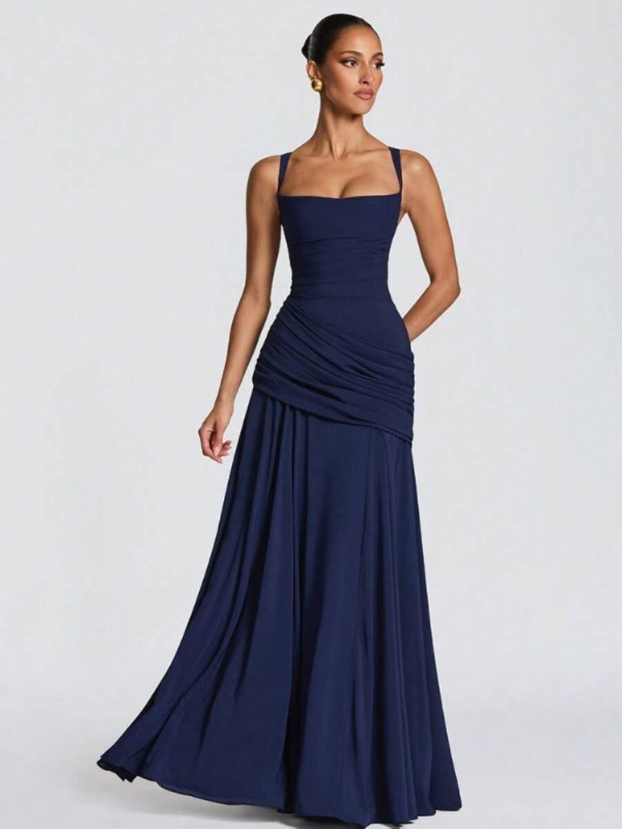 Elegant Lady Pure Desire Style Fashion Charm Banquet Party 2026 Women's Dress Temperament Solid Color Low Cut Long Skirt Folded Strap Waist Bareback Dress - màu xanh hải quân - Xem 1