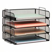 Mind Reader Stackable Paper Tray Desktop Organizer File Storage Office Metal Mesh 14"L x 9.75"W x 11.25"H 4 Pcs. Black - Negro - Ver 9