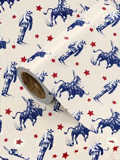 1 Roll Western Cowboy Theme Wrapping Paper | Beige Background With Blue Cowboy And Red Star Pattern | Suitable For Western Theme Party, Cowboy Style Gift Wrapping, Western Decor And DIY Crafts - 43cm * 300cm