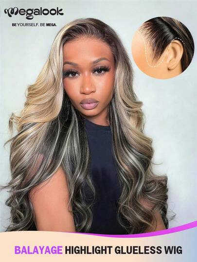 MEGALOOK Ombre Platinum Dip-Dye Upgraded 13x6 Max Three-Go™ Lace Front Wig, With Drawstring, Pre-Cut Ear To Ear Lace, Natural Hairline, No Glue Needed, Dip-Dye Color, 180% Density, Wavy Style