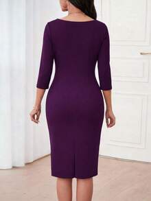 Women's 3/4 Sleeve Elegant Ruched Fitted Bodycon Work Dress - Purple - View 2