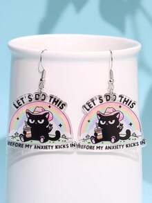 1 par de pendientes colgantes de acrílico con diseño único y elegante de luna orgullosa, lema divertido, arcoíris y gato negro genial, adecuados para uso diario, festivales y fiestas - Multicolor - Ver 1