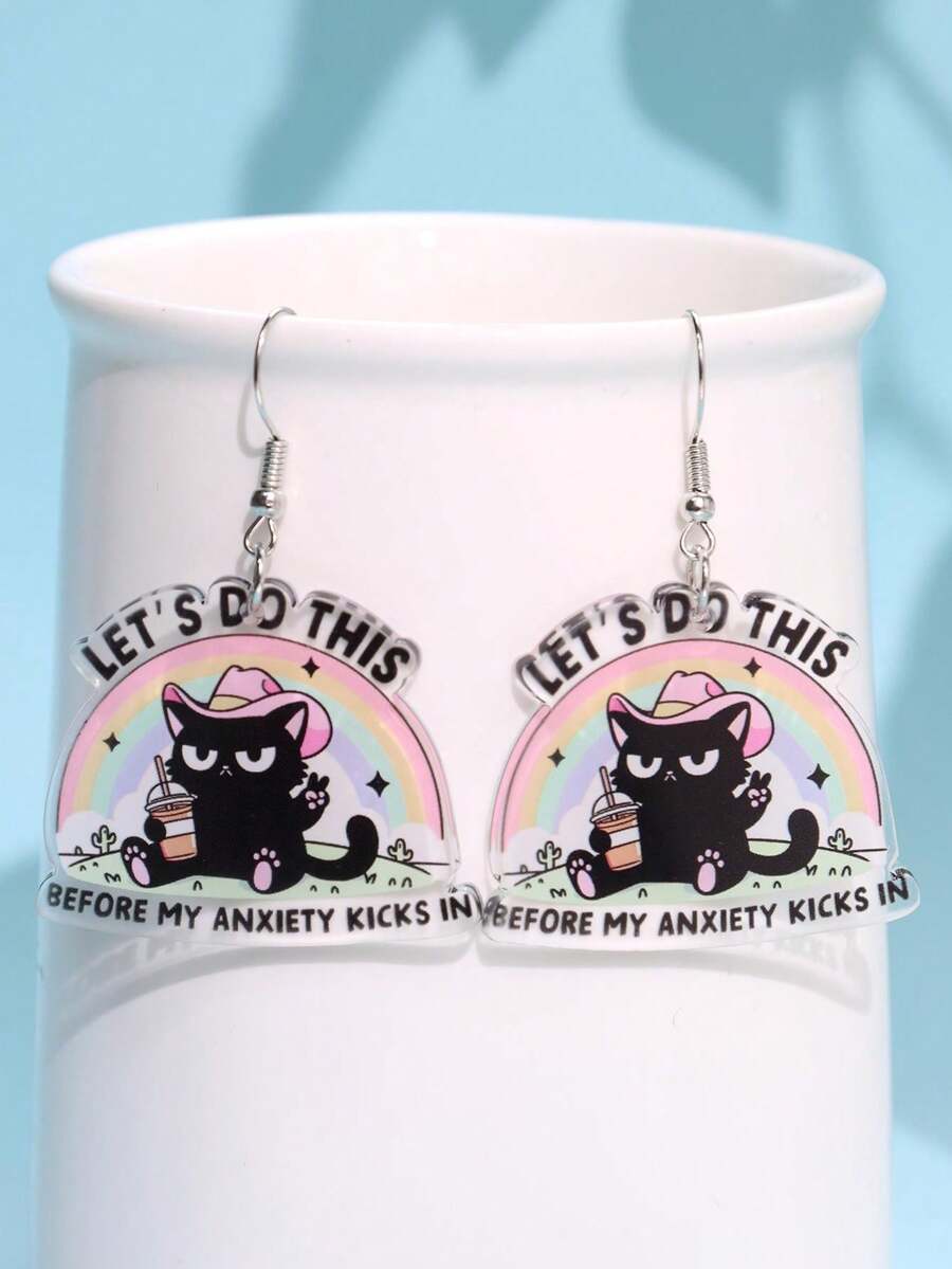 1 par de pendientes colgantes de acrílico con diseño único y elegante de luna orgullosa, lema divertido, arcoíris y gato negro genial, adecuados para uso diario, festivales y fiestas - Multicolor - Ver 1