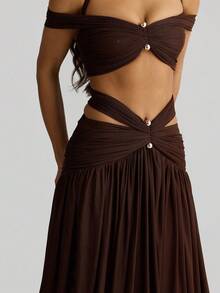 Look Polly Women's 2-Piece Set For Summer, Sexy & Alluring Off-Shoulder Crop Top With Brown Maxi Skirt, Suitable For Valentine's Day, Carnival, Casual, Beach, Resort Wear - Dark Brown - View 10