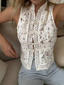 Women Long Sleeve Mandarin Collar Guipure Split Blouse Top Lace Floral Puff Sleeve Button-Down Shirt Slim Fit Elegant Sheer Tops Party Clubwear - 無袖A字白色 - 查看 4