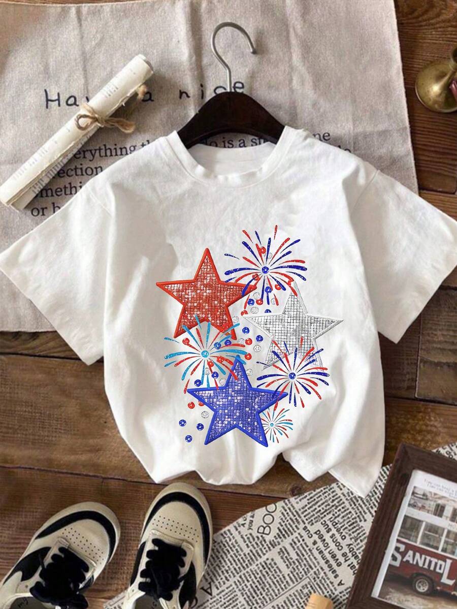 [Cotton T-Shirt] Tweed Girl Independence Day Patriotic Print Pullover Crew Neck T-Shirt, Spring/Summer/Autumn Student Young Children's Short-Sleeve Top - Perfect For Play And Casual Outings. A Fun And Colorful T-Shirt That Inspires Every Child's Imagination. Suitable For Sporty Girls' Everyday Wear, Street Style, And School Uniforms. - 白色 - 查看 1