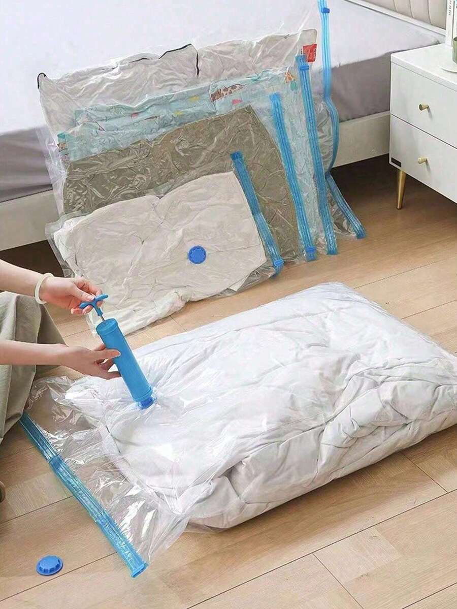 10个高品质真空密封透明压缩收纳袋，适用于旅行必备品、衣物、床上用品等。便携式设计，包含电动压缩袋和气泵。