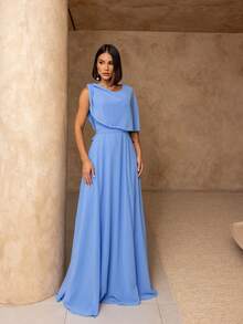 Elegant Long Chiffon Party Dress For Bridesmaids At A Wedding. - Màu xanh thanh bình - Xem 2