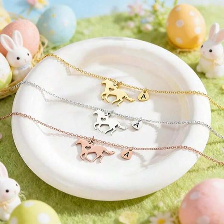 Dây chuyền hình ngựa quà tặng lễ Phục Sinh cho nữ, trang sức kỷ niệm hình động vật, dây chuyền chữ cái hình trái tim bằng thép không gỉ không gây dị ứng, quà tặng sinh nhật cá nhân hóa bền chắc phù hợp cho phái nữ - Bạc - Xem 3