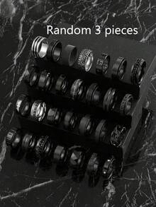 3/6/9/12/15/20 件时尚不锈钢深色风格男士戒指套装，包含铜币、蝙蝠、罗马数字、音符、星星和月亮、扭曲元素，适合日常佩戴、节日、订婚、婚礼、万圣节，款式和尺寸随机 - 黑色 - 查看 16