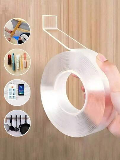 1 Rollo, 5m de largo, 1cm de ancho, cinta adhesiva doble faz fuerte sin residuos, adhesividad a nivel nanométrico, cinta adhesiva doble faz resistente al agua, esencial para el baño, accesorios de cocina y baño, suministros para el hogar, adecuado para puertas de dormitorio, cortinas, pantallas, reparación de pantallas, paredes, vidrio y metal, impermeable, esencial diario para el hogar