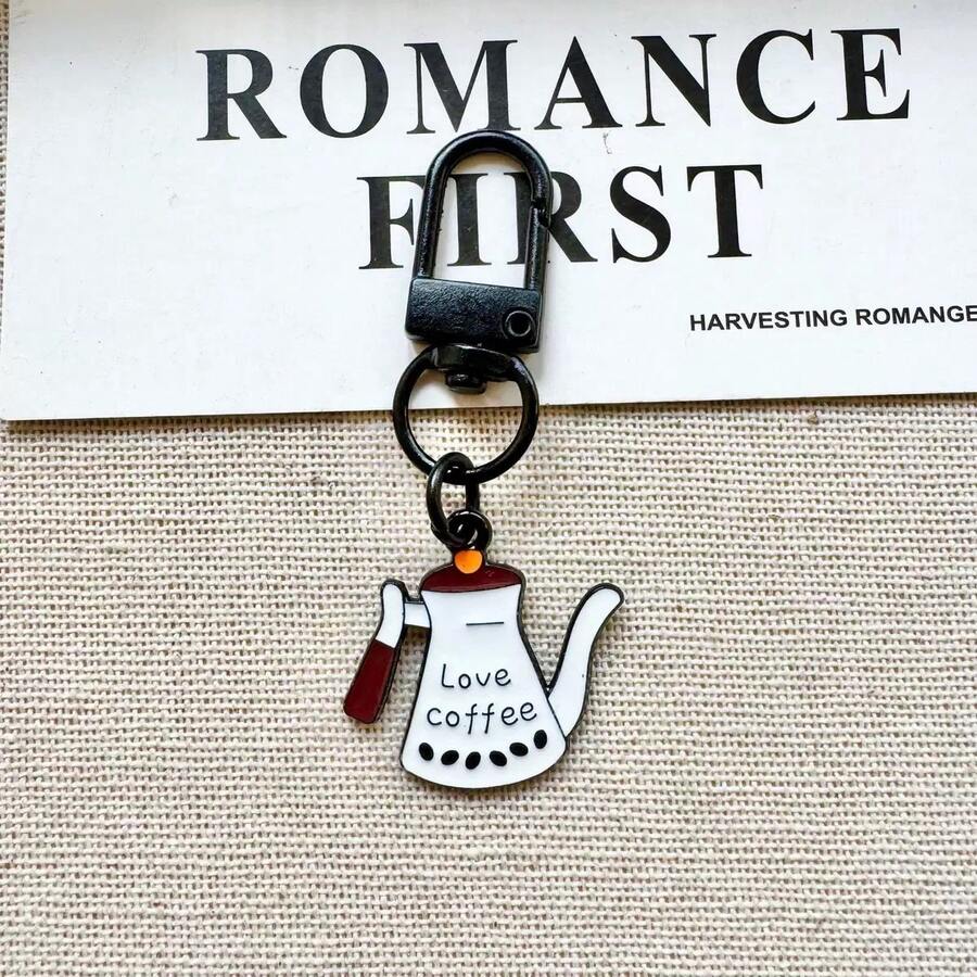 1个男女通用咖啡壶主题卡通钥匙扣，创意可爱包包配饰挂件 - 彩色 - 查看 1