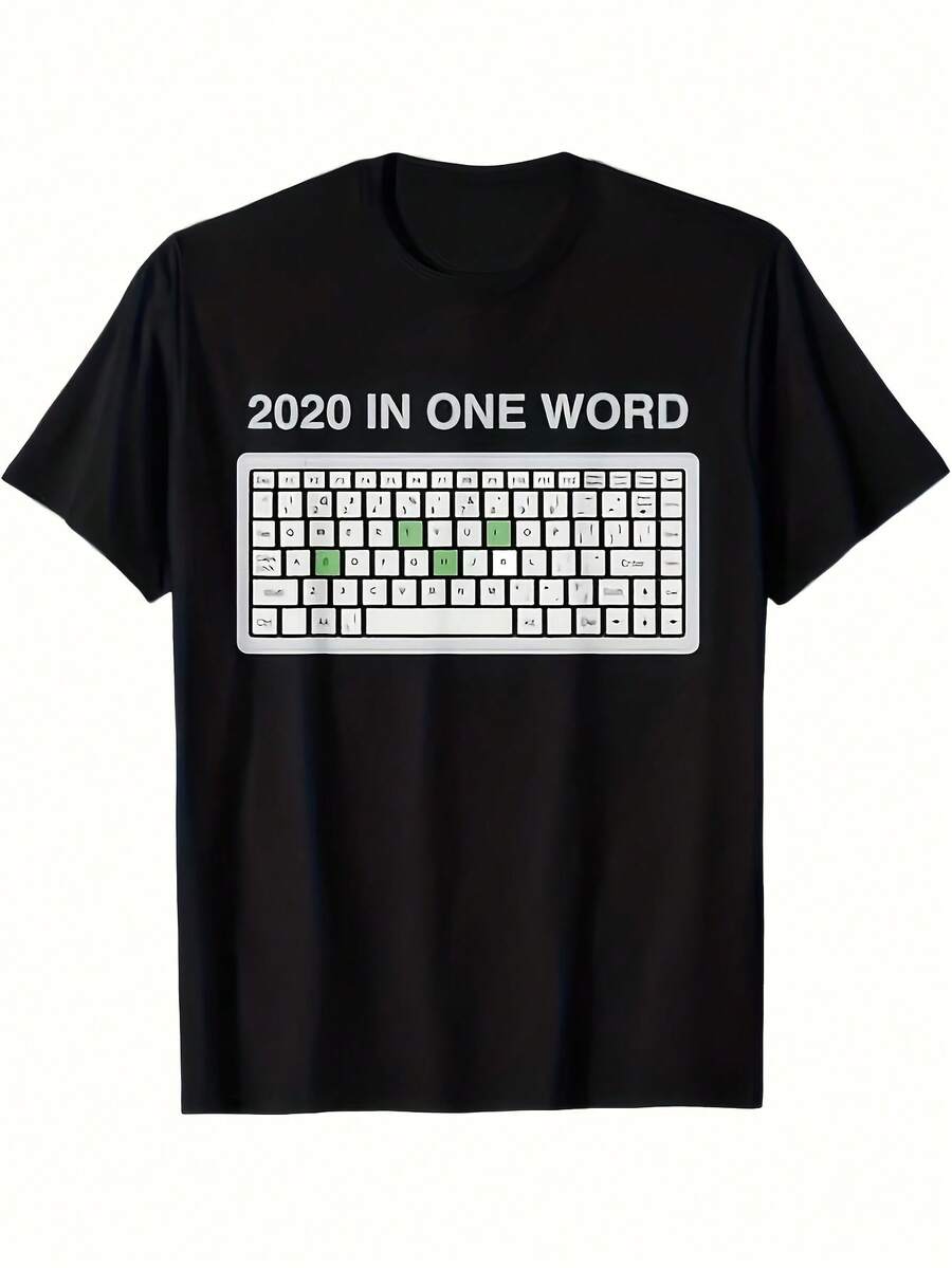 Featured Item: Retro Computer QWERTY Keyboard Print T-Shirt - 100% Cotton, Loose Fit, Unisex, Suitable For All Seasons, Programmer Gift With Retro Typing Design, Daily Casual Wear For Tech Enthusiasts - 黑色 - 查看 1