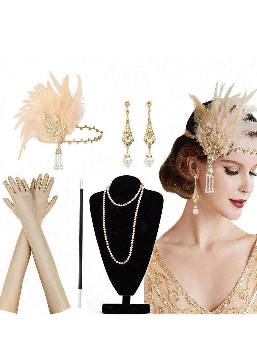7 件 20 世纪 20 年代轻佻女郎派对头饰、耳环、手套、手镯，5 件套优雅复古服装套装，适合女士舞会万圣节 - A - 查看 1