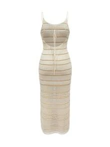 Women's Sexy Backless Halter Maxi Dress, Sheer Beach Cover Up Vacation - Apricot - View 9