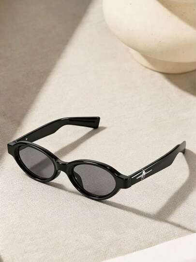 1pc Retro Y2K Oval Fashion Glasses For Men Women, 90s Vintage Black Shades With Star Detail, Streetwear Fashion Eyewear