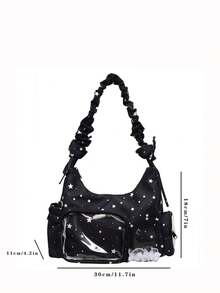 peach tree 这款时尚百搭的日系女士单肩包，拉链封口，肩带不可调节，印有可爱的星星图案，多口袋设计，含透明口袋，配有褶皱云朵蝴蝶结肩带，可装毛绒玩具/手机/硬币/卡片等物品。尼龙材质，防水轻便，大容量斜挎包，适合上学、上班、购物、约会、度假等各种场合，是送给女性朋友的绝佳礼物。桃树图案 - 彩色 - 查看 3